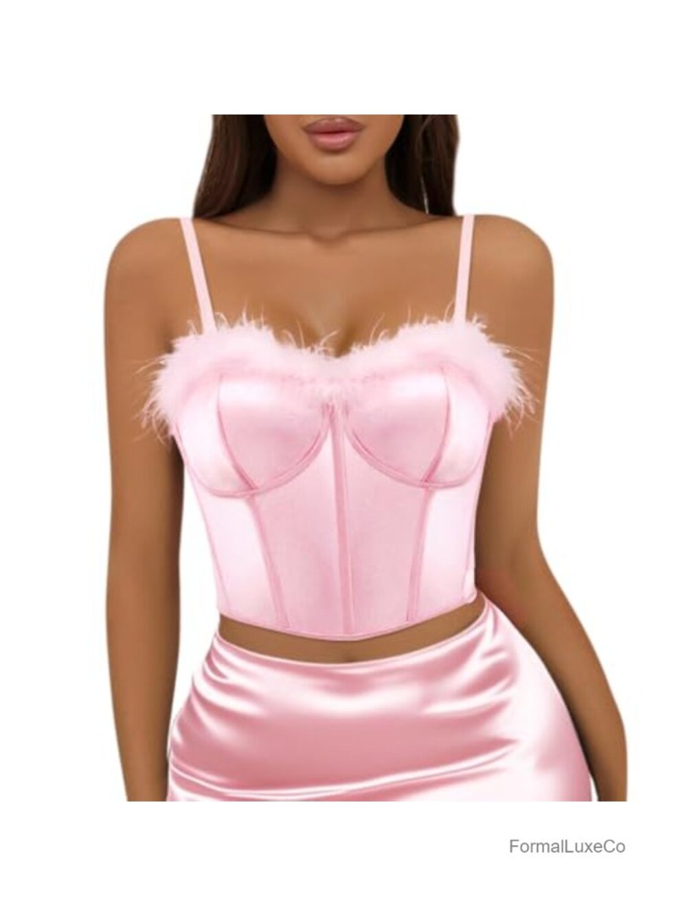 Faux Fur Trim Crop Cami Tank Top Spaghetti Strap Sleeveless Party